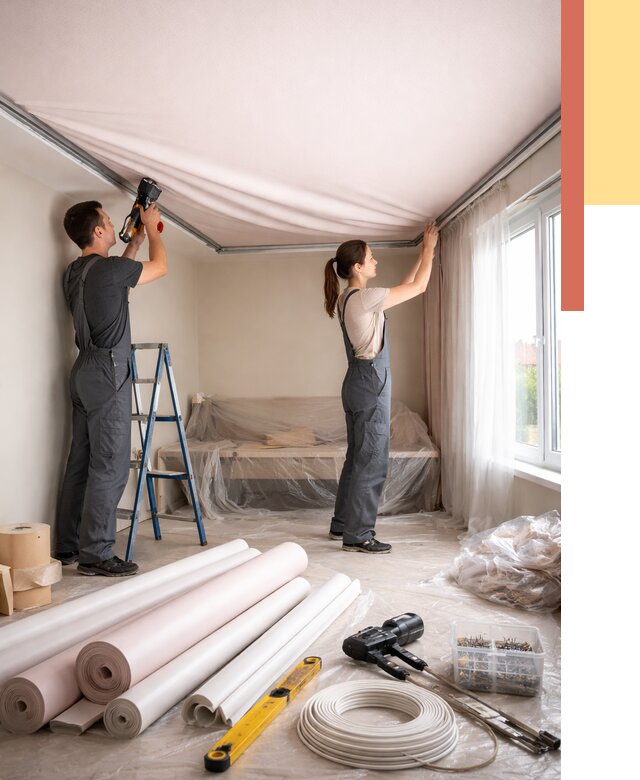 Монтаж цветного натяжного потолка в Владикавказе от 4329 руб/м² — быстро и недорого | ОТДЕЛОЧНИК-Вкз