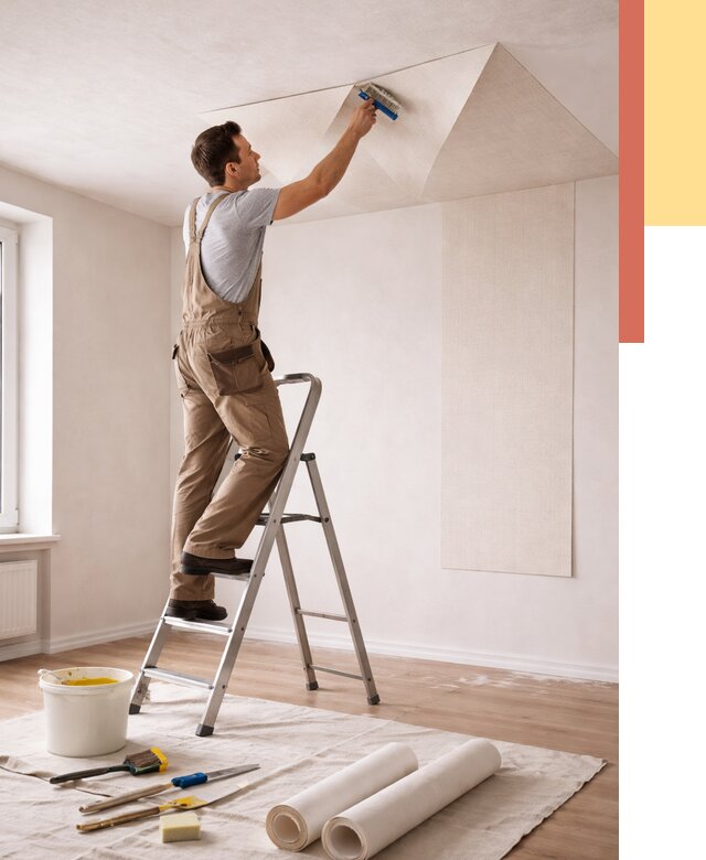 Поклейка обоев на потолок в Владикавказе от 4639 руб. быстро и недорого | ОТДЕЛОЧНИК-Вкз